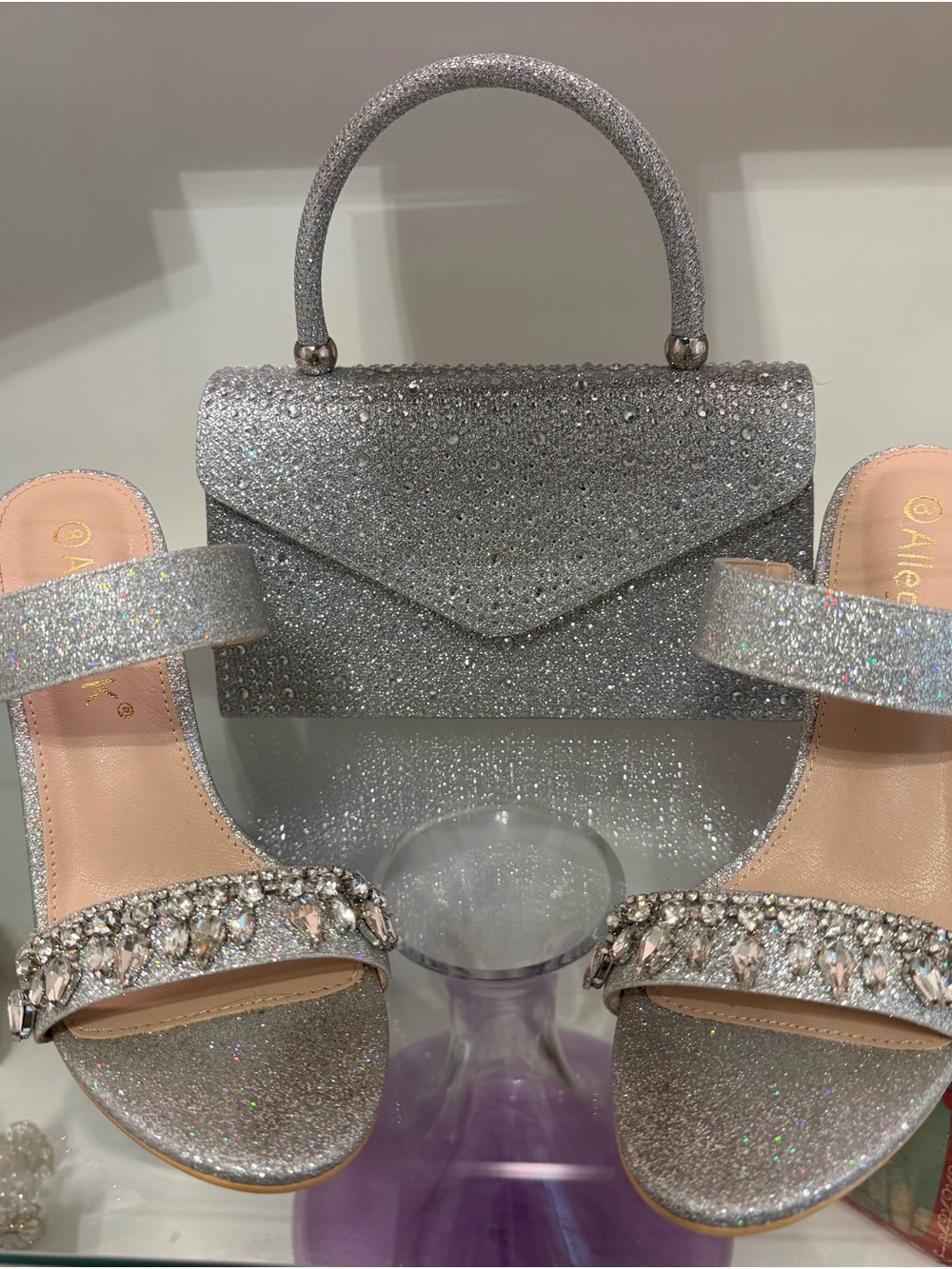Allegra K Rhinestone Stilettos size 8 w/ Silver Glitter Top-Handle Clutch.